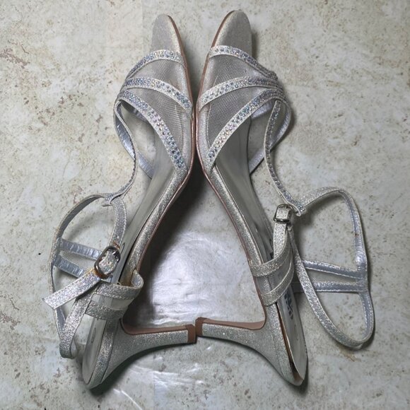 Silver Glitter Rhinestone Strappy Heeled Sandals Party Special Occasion - Picture 8 of 9